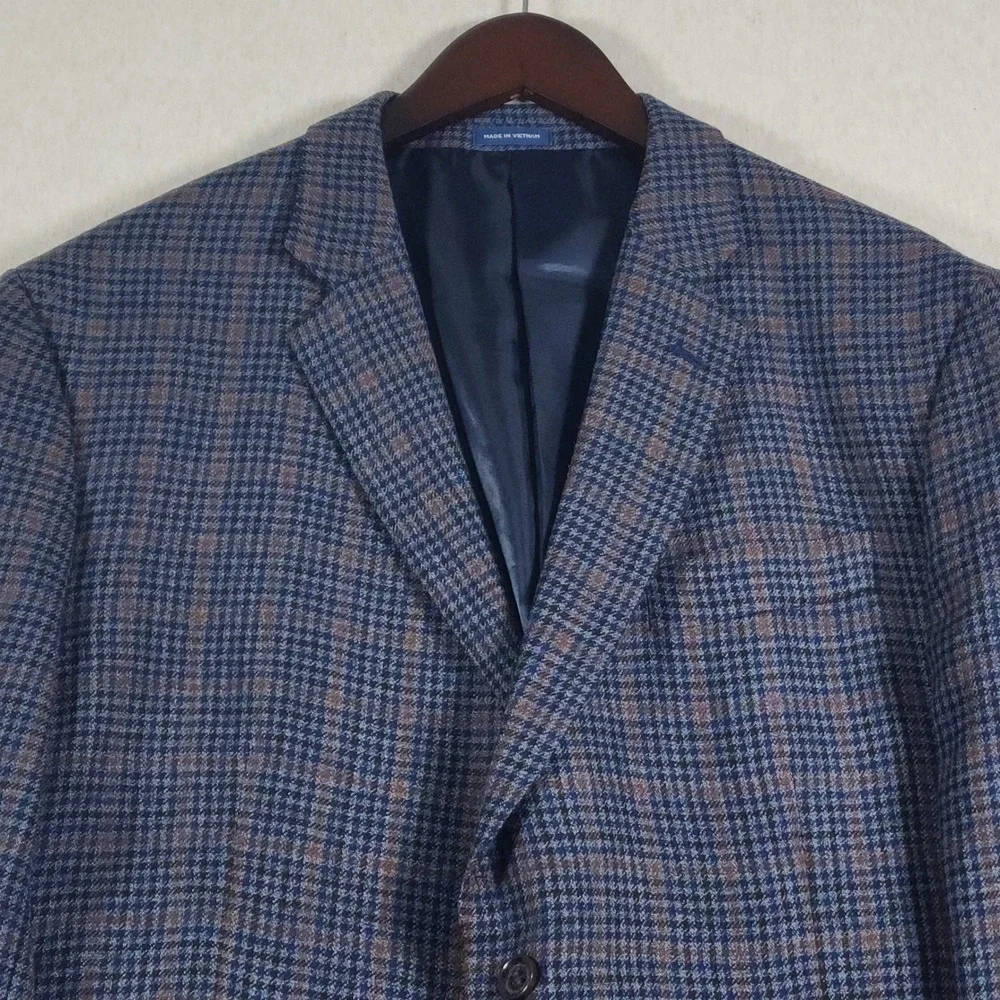Merino Wool Plaid Blazer Mens 44S Dark Academia Classic Fit Navy Sport Coat